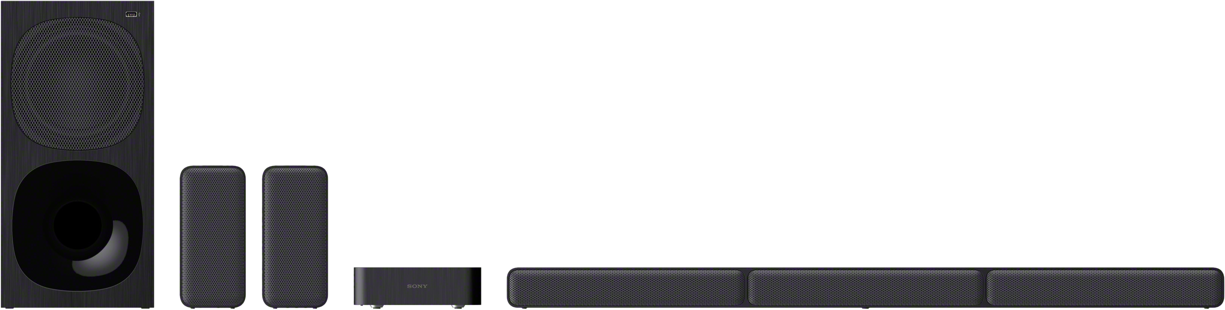 Komplettes schwarzes Heimkinosystem. Beinhaltet Subwoofer, Lautsprecher und Soundbar. Weißer Hintergrund.