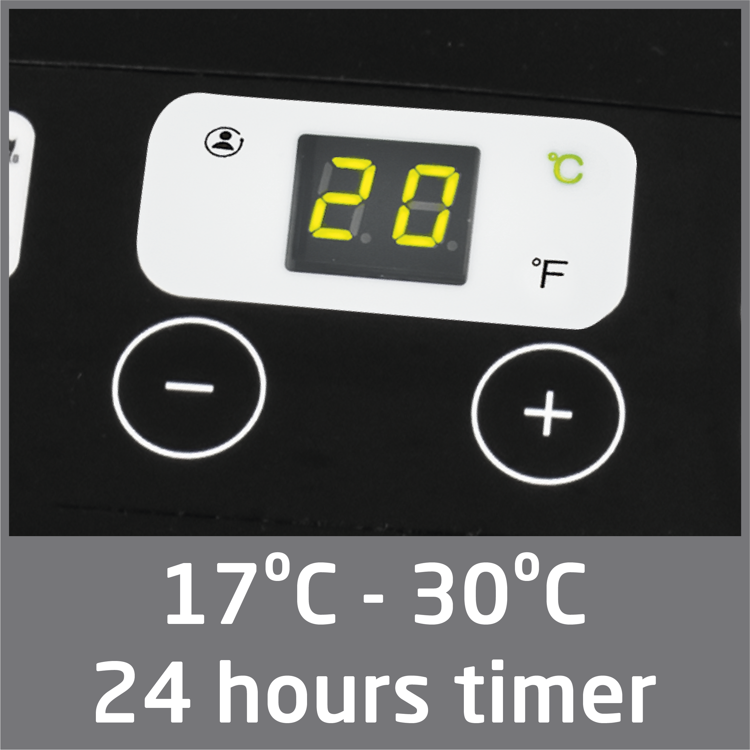Schwarzes Bedienfeld mit Digitalanzeige. Zeigt 20 Grad Celsius und Fahrenheit. Plus- und Minus-Tasten.