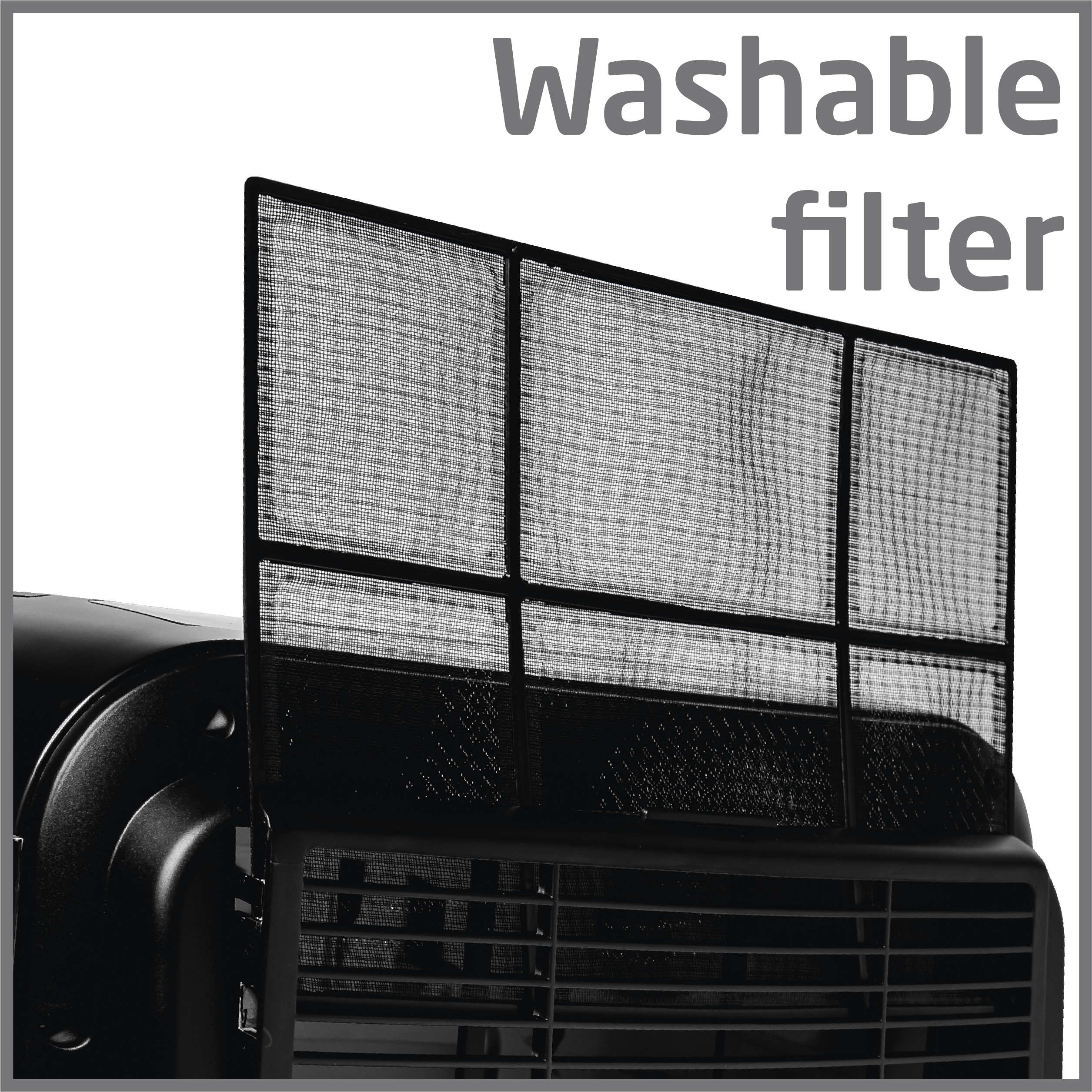 Ein schwarzer, waschbarer Filter befindet sich vor einem schwarzen Luftreiniger. Der Text 'Waschbarer Filter' ist sichtbar.