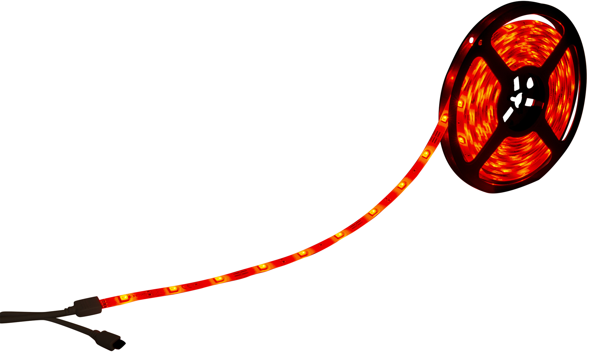 Un rotolo di strisce luminose a LED arancioni. Le luci sono accese e il cavo è visibile. Sfondo nero.