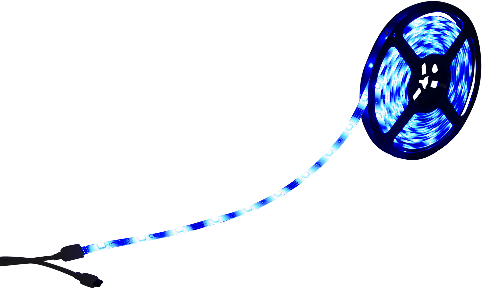 Striscia luminosa a LED blu su una bobina, collegata a un cavo di alimentazione.
