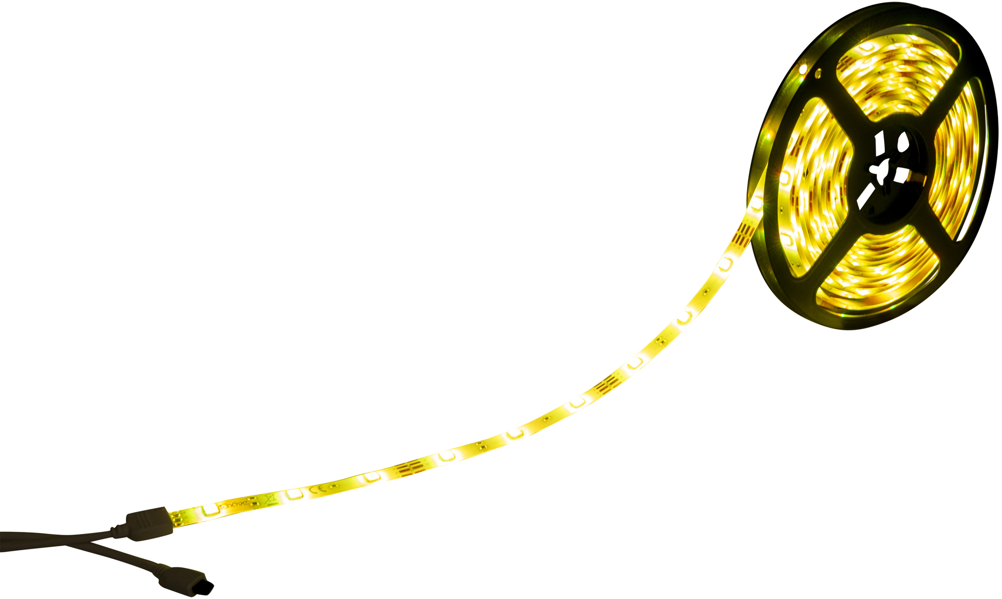 Un rotolo di strisce luminose a LED gialle. Le luci sono parzialmente srotolate e accese.