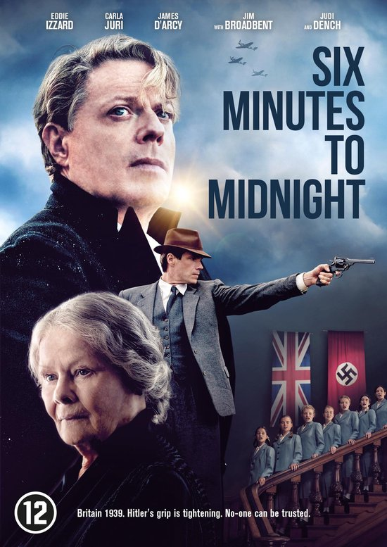 Filmposter: Eddie Izzard, Judi Dench en James D'Arcy. Titel is 'Six Minutes to Midnight'.