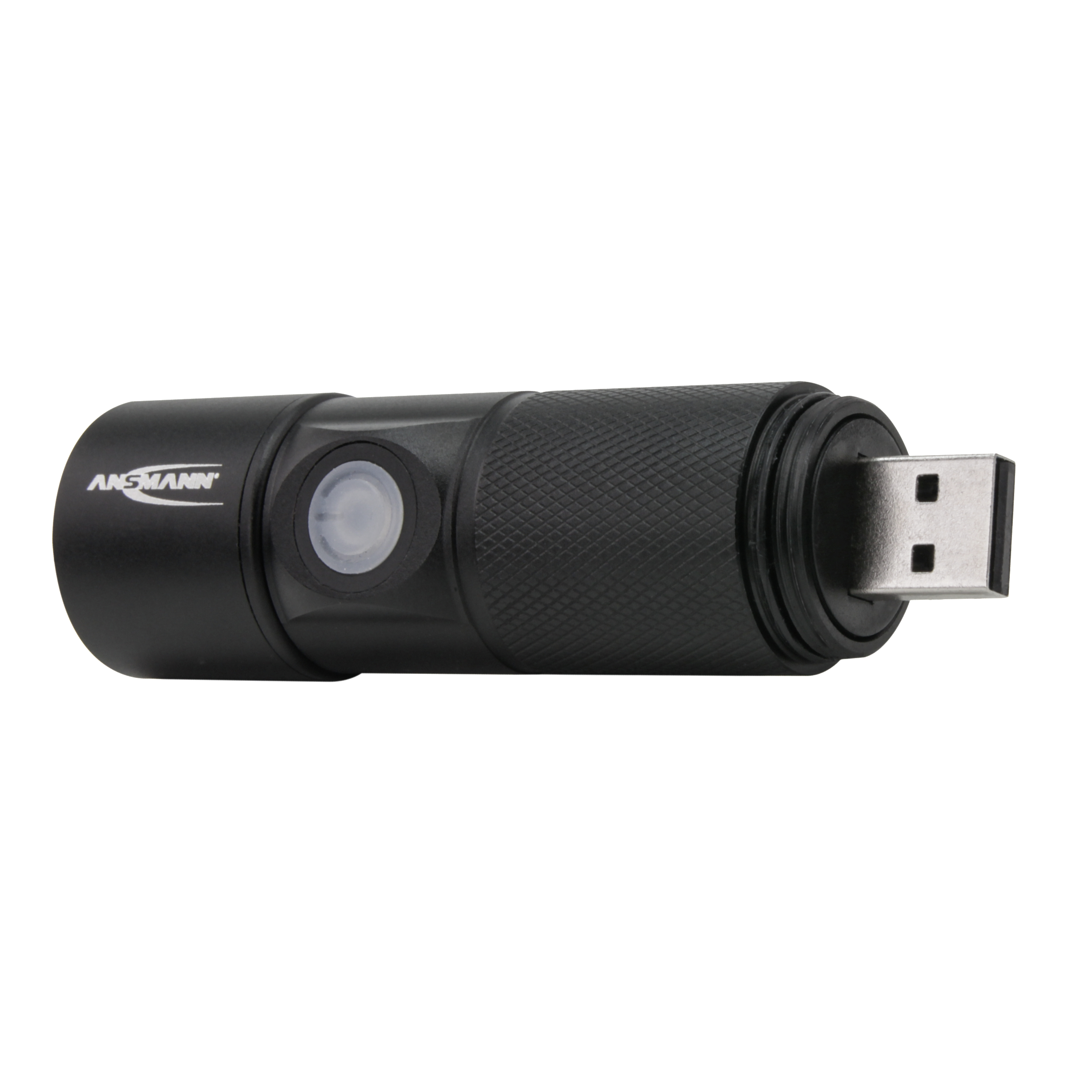 Schwarze LED-Taschenlampe mit USB-Anschluss.