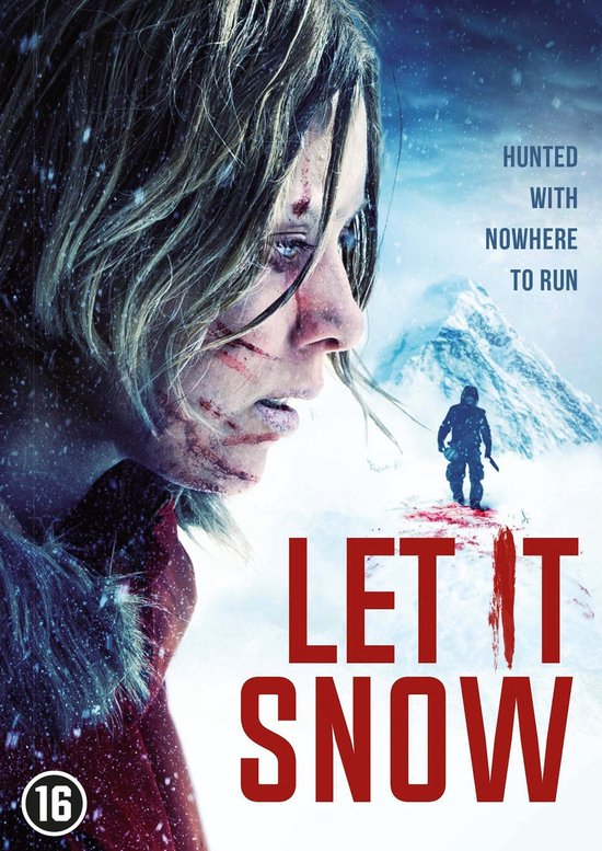 Affiche de film : Visage de femme avec du sang, montagnes enneigées en arrière-plan, titre : Let It Snow.