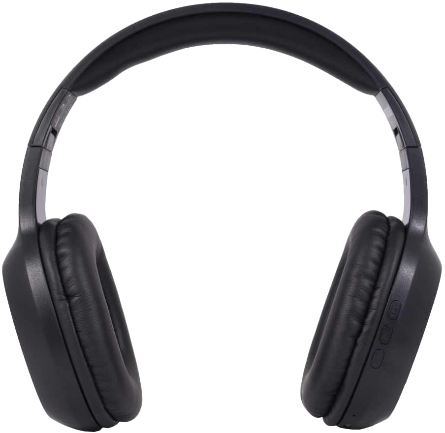 Fekete fejhallgató, over-ear kialakítás. A fülkagylók kerekek, az egyik oldalon vezérlőgombok találhatók.