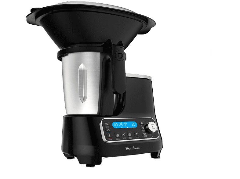 Procesador de alimentos negro con un cuenco de acero inoxidable.