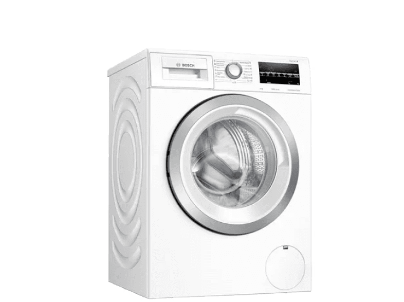 Lavadora blanca. Tiene una puerta redonda, un panel de control y el logo de Bosch en la parte superior.