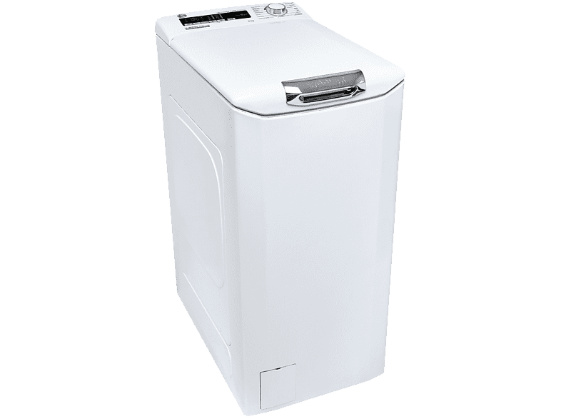 Lavadora de carga superior blanca. Tiene una tapa superior, un panel de control y un cajón de detergente.