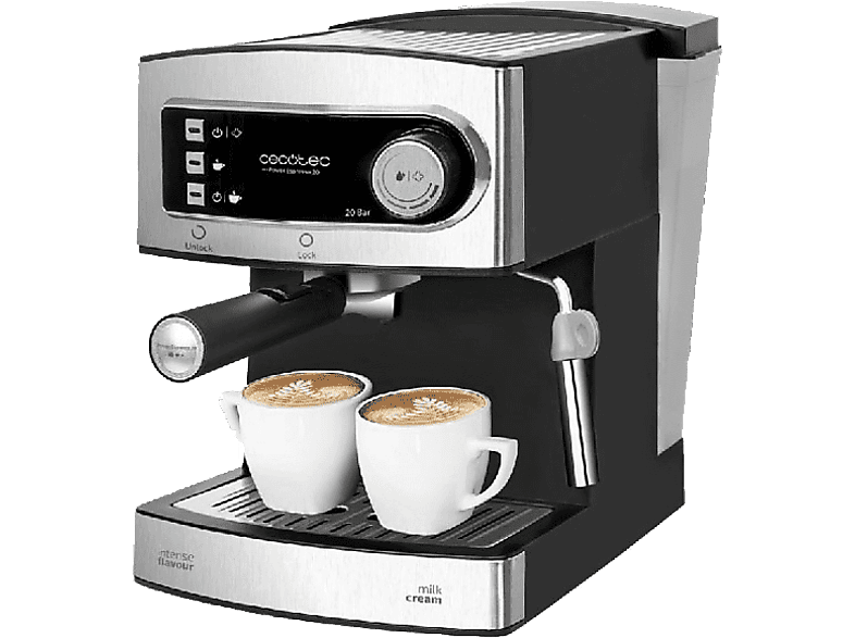 Cecotec Cafetera Express Manual Power Espresso 20. 850 W, Presión 20 Bares,  Depósito de 1,6L, Brazo Doble Salida, Vaporizador, Superficie  Calientatazas, Acabados en Acero Inoxidable
