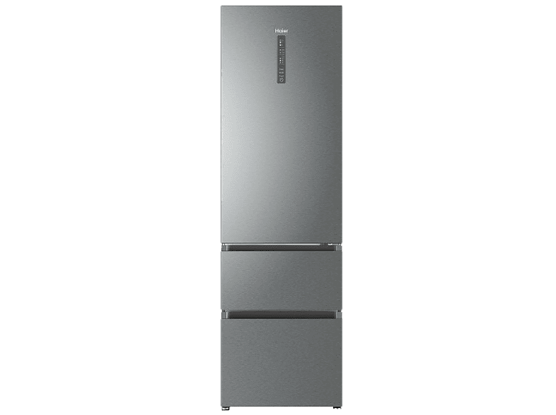 Refrigerador Haier plateado, alto con dos cajones, fondo negro.