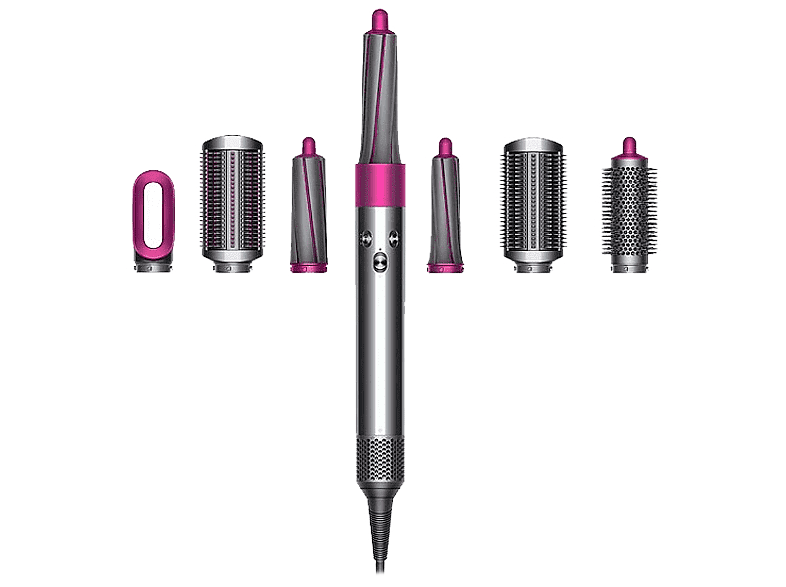 Un styler Dyson Airwrap plateado y rosa con varios accesorios sobre fondo negro.