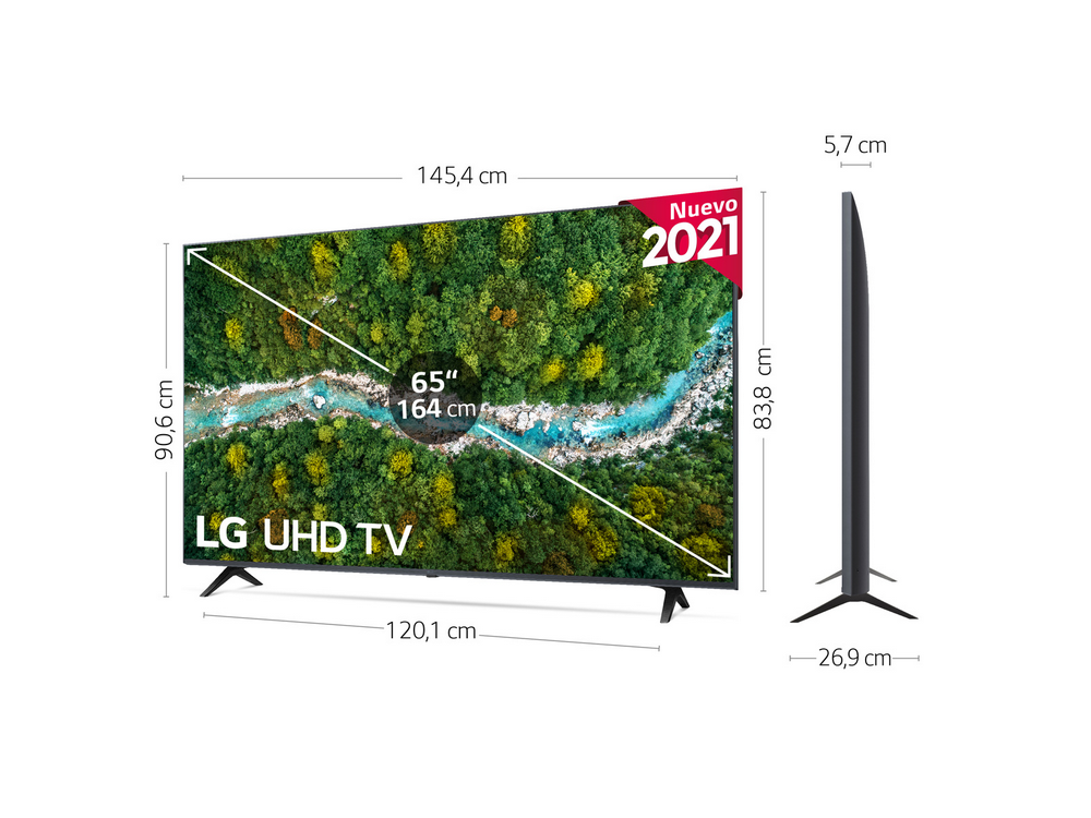 Un televisor LG UHD de 65 pulgadas. La pantalla muestra una escena de bosque. Las dimensiones se muestran alrededor.