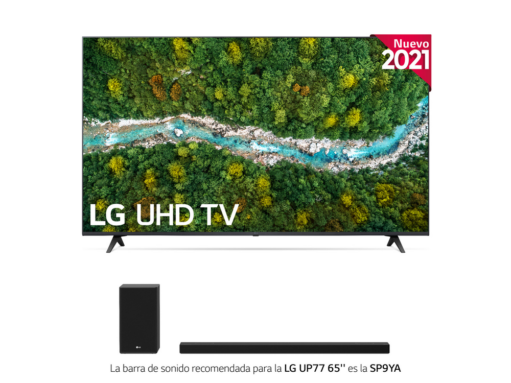 TV LG UHD, escena de bosque en pantalla, con barra de sonido. Pegatina roja 2021 arriba a la derecha.