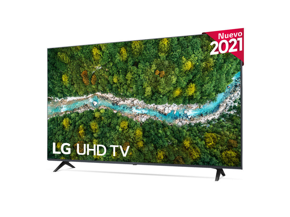TV LG UHD con escena forestal en pantalla, etiqueta roja 'Nuevo 2021'.