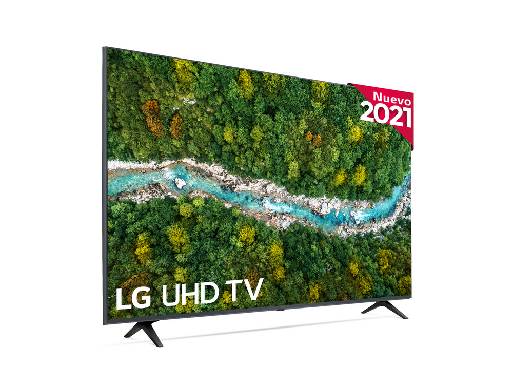Un televisor LG UHD sobre soportes, mostrando una escena de bosque y río, con la etiqueta 'Nuevo 2021'.