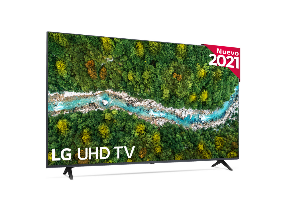 TV LG UHD, vista en ángulo. Escena de bosque verde. Adhesivo Nuevo 2021.