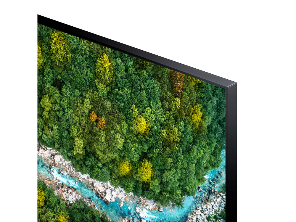Un televisor que muestra una escena de bosque con un río, esquina superior derecha visible.