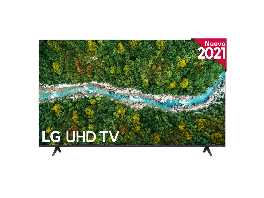 Televisor LG UHD que muestra una escena de la naturaleza con un río y árboles. Pegatina Nuevo 2021 en la esquina superior derecha.