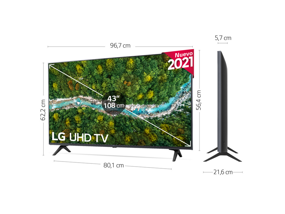 Televisor LG UHD de 43 pulgadas con dimensiones mostradas. En la vista lateral, también se muestran las dimensiones.