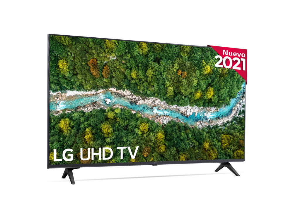 Un televisor LG UHD moderno con una escena de bosque en la pantalla y una pegatina "Nuevo 2021" en la esquina superior derecha.
