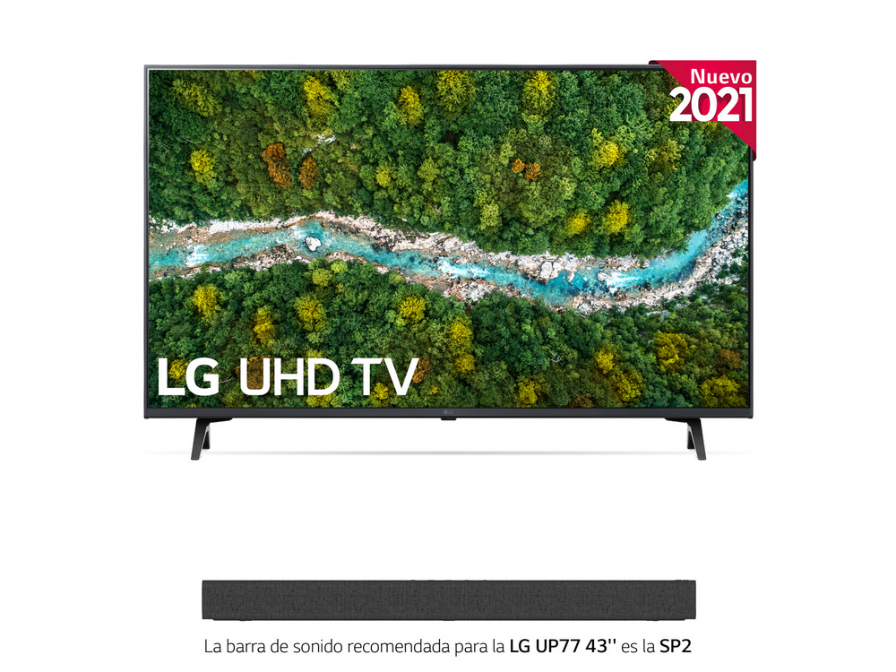 Televisor LG UHD sobre fondo blanco, con barra de sonido debajo, y pegatina roja "Nuevo 2021" arriba.
