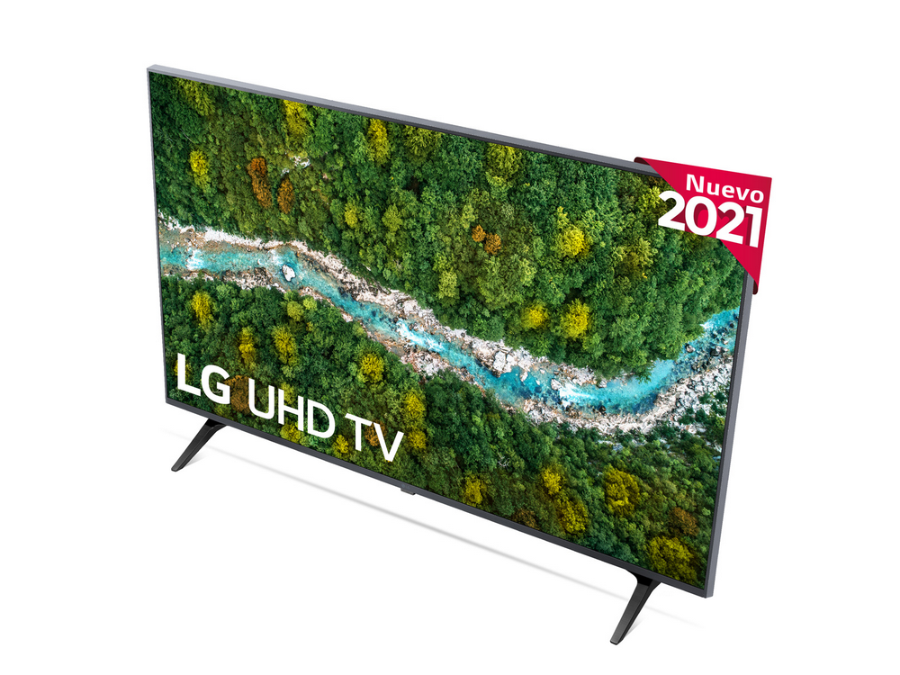 Un televisor LG UHD sobre fondo blanco. La pantalla muestra una escena de bosque y río. Una etiqueta 'Nuevo 2021' está en el televisor.
