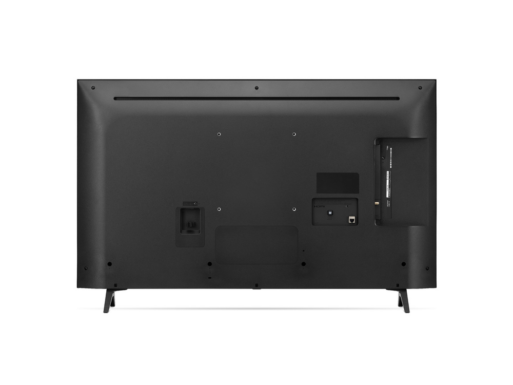 Parte trasera de un televisor negro con varios puertos y conectores. Las patas están adjuntas para soporte.