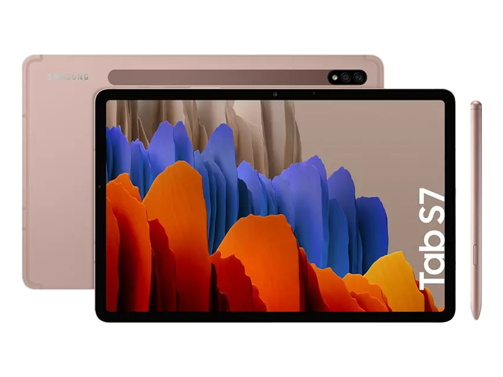 Tableta Samsung Tab S7, frontal y trasera. Lápiz óptico a la derecha. Arte naranja y azul.