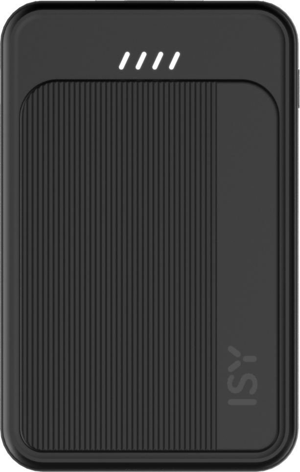 A black power bank with a ribbed surface and the letters 'ISY'.