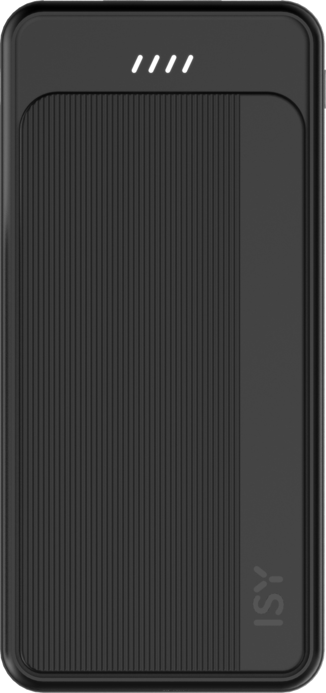 A black ISY power bank with four white indicator lights, a textured surface.