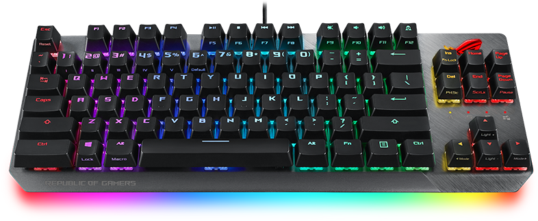 Egy gamer billentyűzet RGB világítással. A billentyűk feketék, fehér betűkkel. ROG márka.