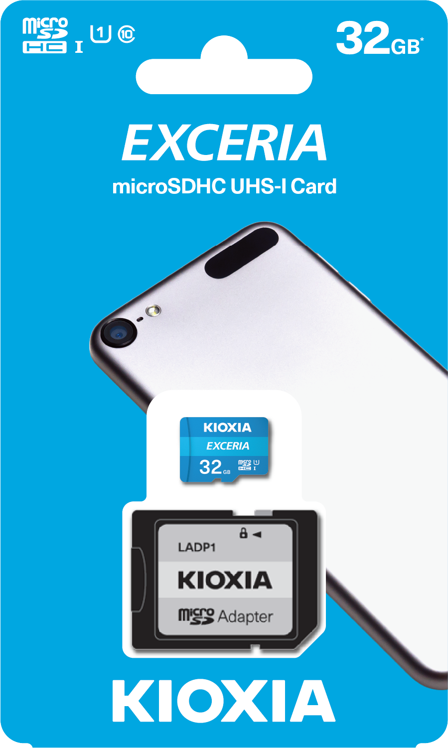 Beyaz telefon ana hatları ve daha küçük bir kart ile mavi ve beyaz microSDHC kart ambalajı.