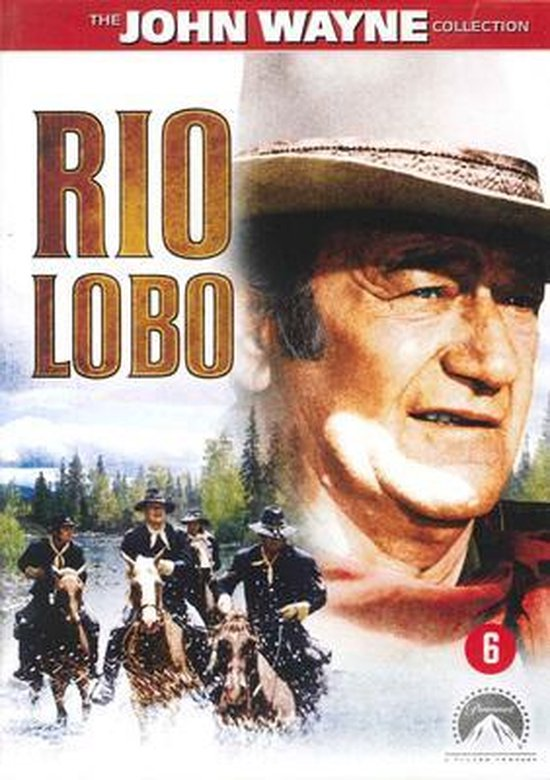 DVD-hoes van 'Rio Lobo' met John Wayne. Cowboys te paard op de achtergrond en een nummer 6.