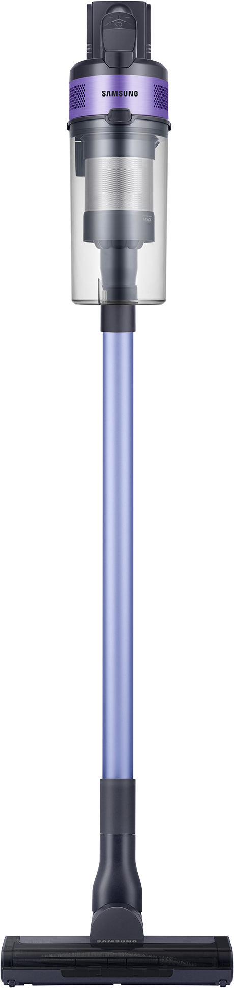 Un aspirapolvere senza fili Samsung blu e viola, in piedi su sfondo nero.