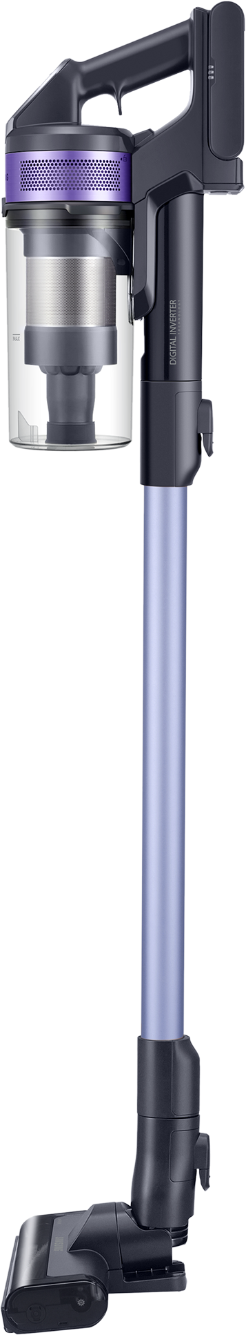 Aspirapolvere senza fili Samsung, blu e viola. Sfondo bianco.
