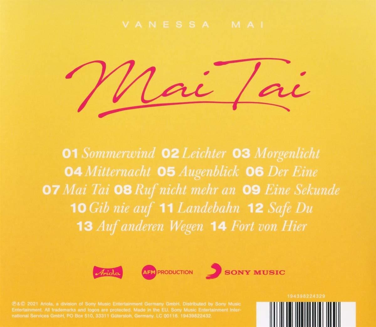 Albumcover für Vanessa Mais 'Mai Tai'. Enthält Titel, Titelliste und Logos auf gelbem Hintergrund.