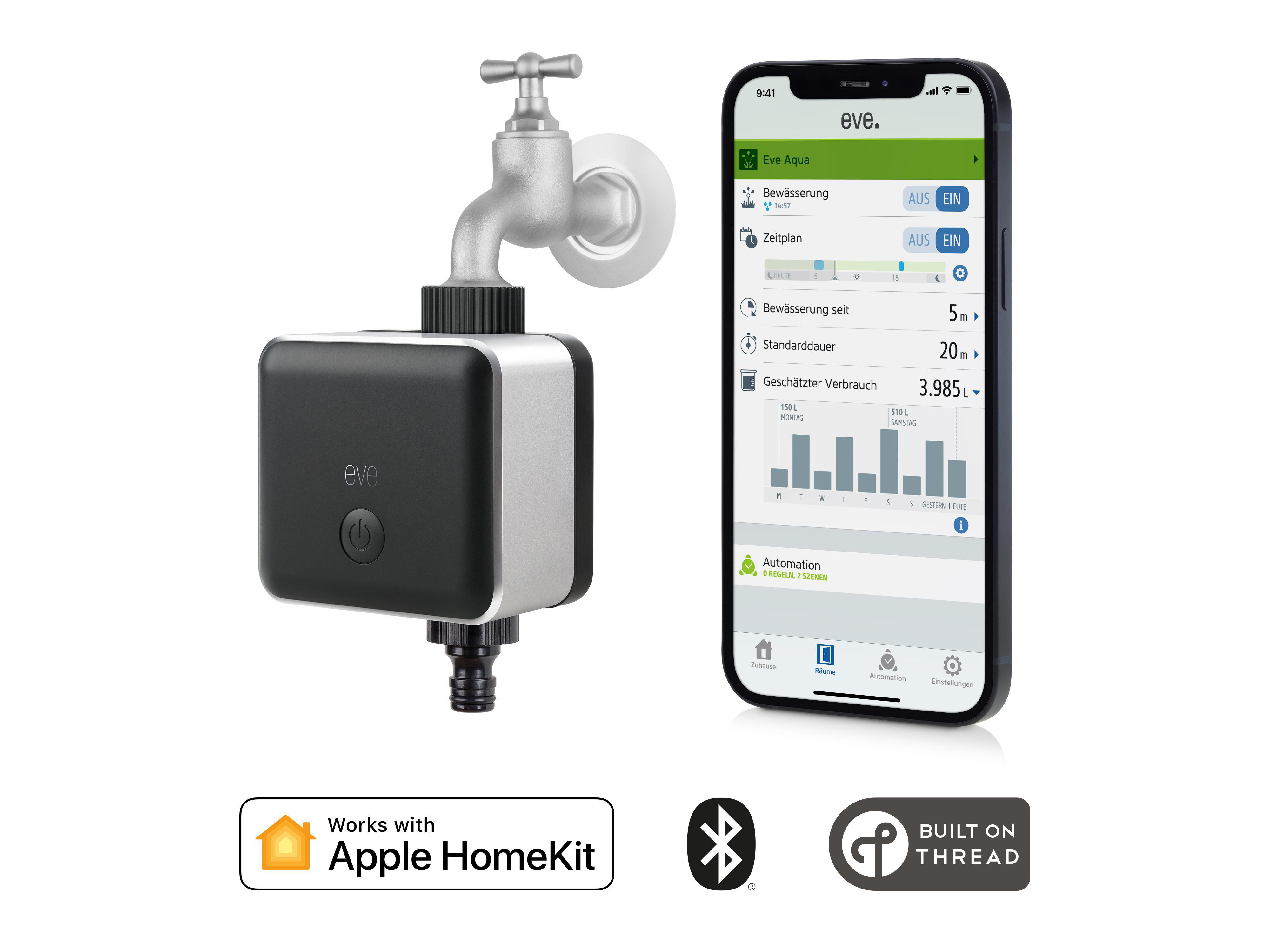 EVE Aqua - automatisch bewässern mit Zeitplänen, Fernzugriff, keine Bridge, keine Bridge, Bluetooth, Thread Smarte Bewässerungssteuerung, Schwarz/Metallic