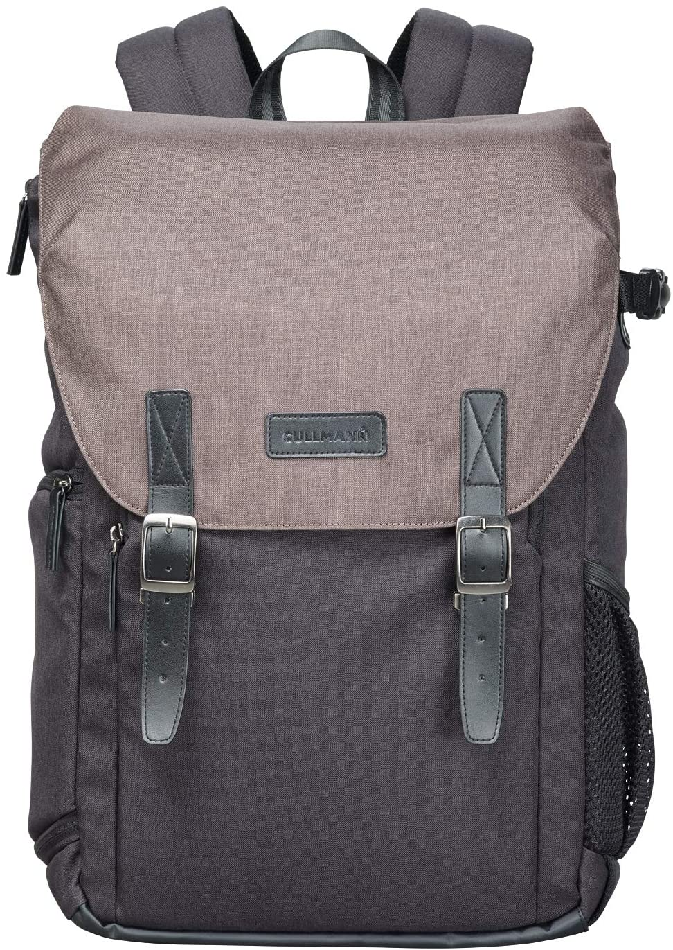 Ein schwarzer und grauer Rucksack mit Lederriemen und Schnallen.