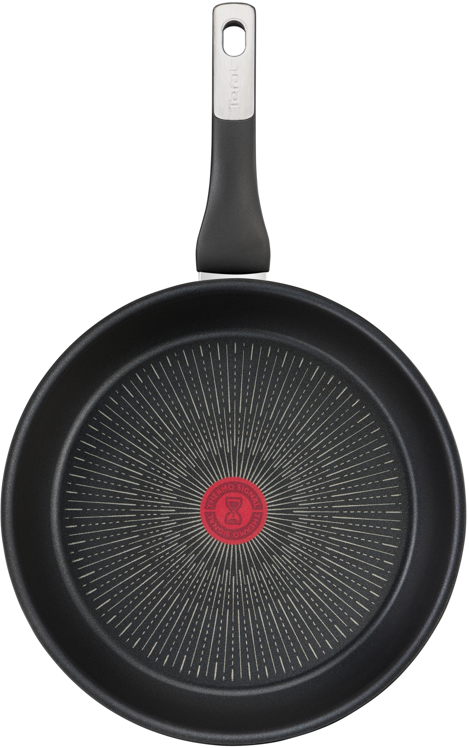 A black Tefal frying pan. The pan has a red circle at the center, with a black handle.