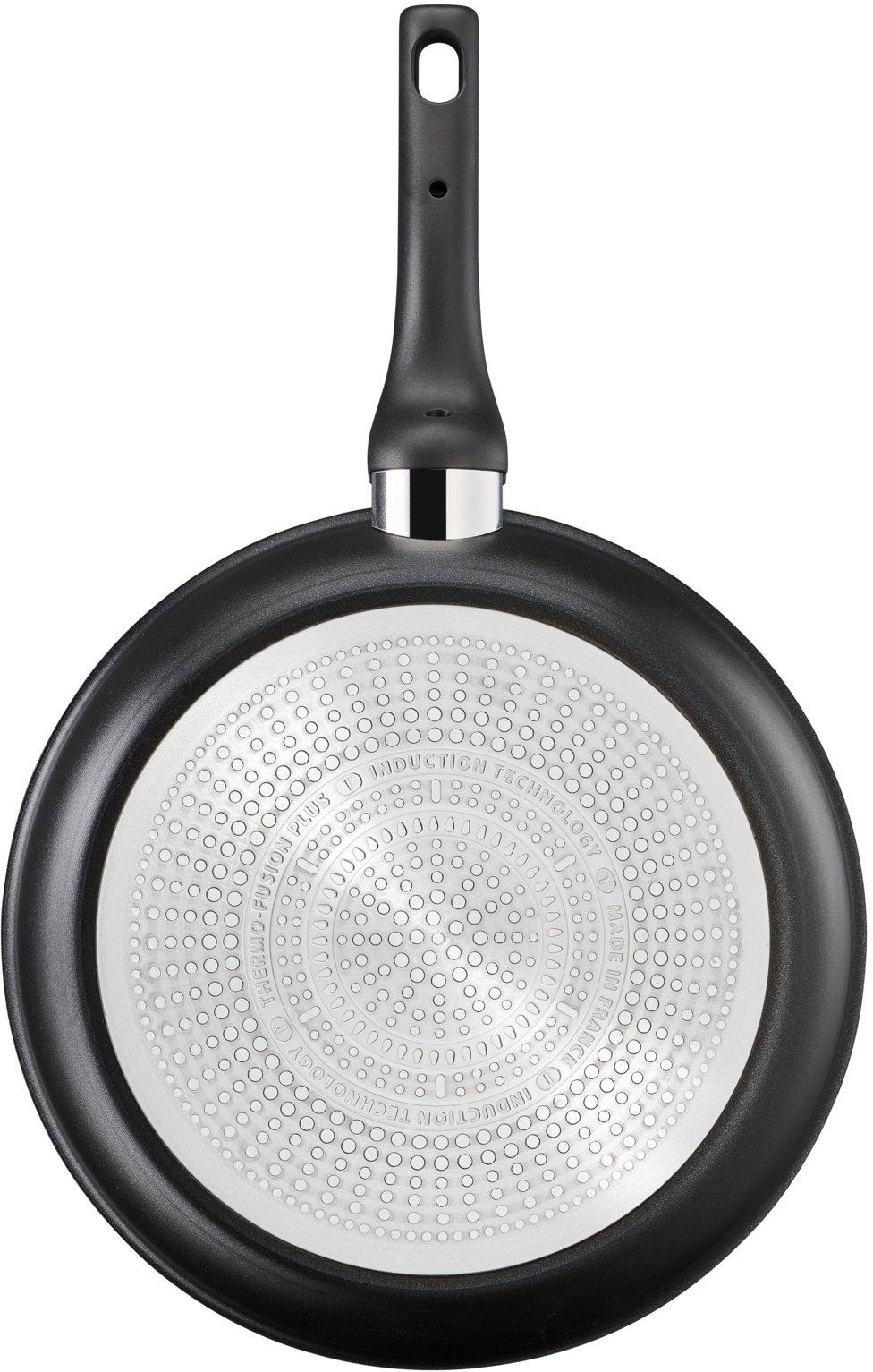 Black pan's bottom with a white circle pattern and black handle.