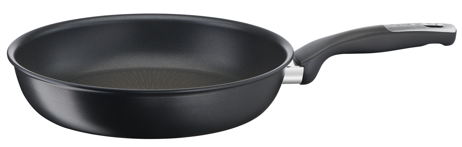 A black Teflon frying pan with a handle, isolated on a white background.