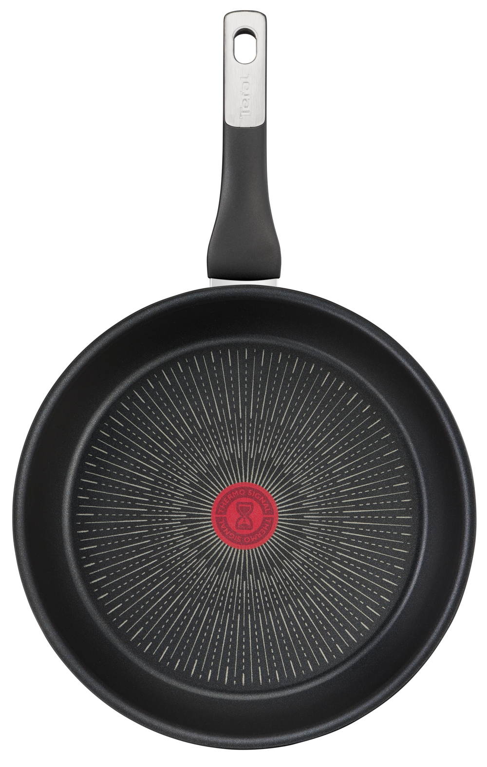 A black frying pan with a long handle and a red circle in the center of the pan.