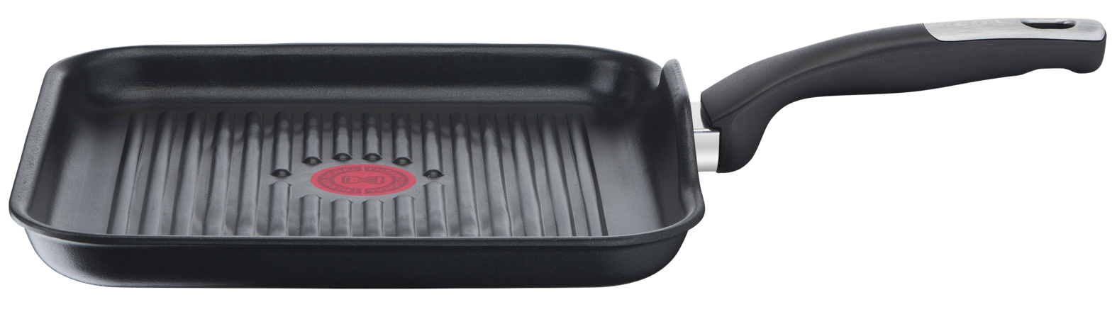 A black grill pan with a handle and the Tefal logo.