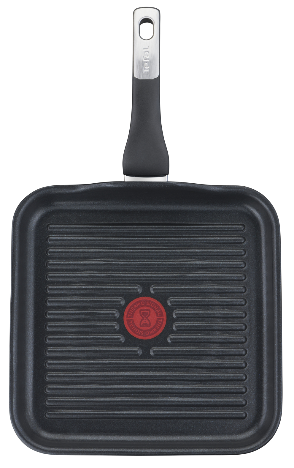 Black square grill pan with a stainless steel handle. It features a red logo on the bottom.
