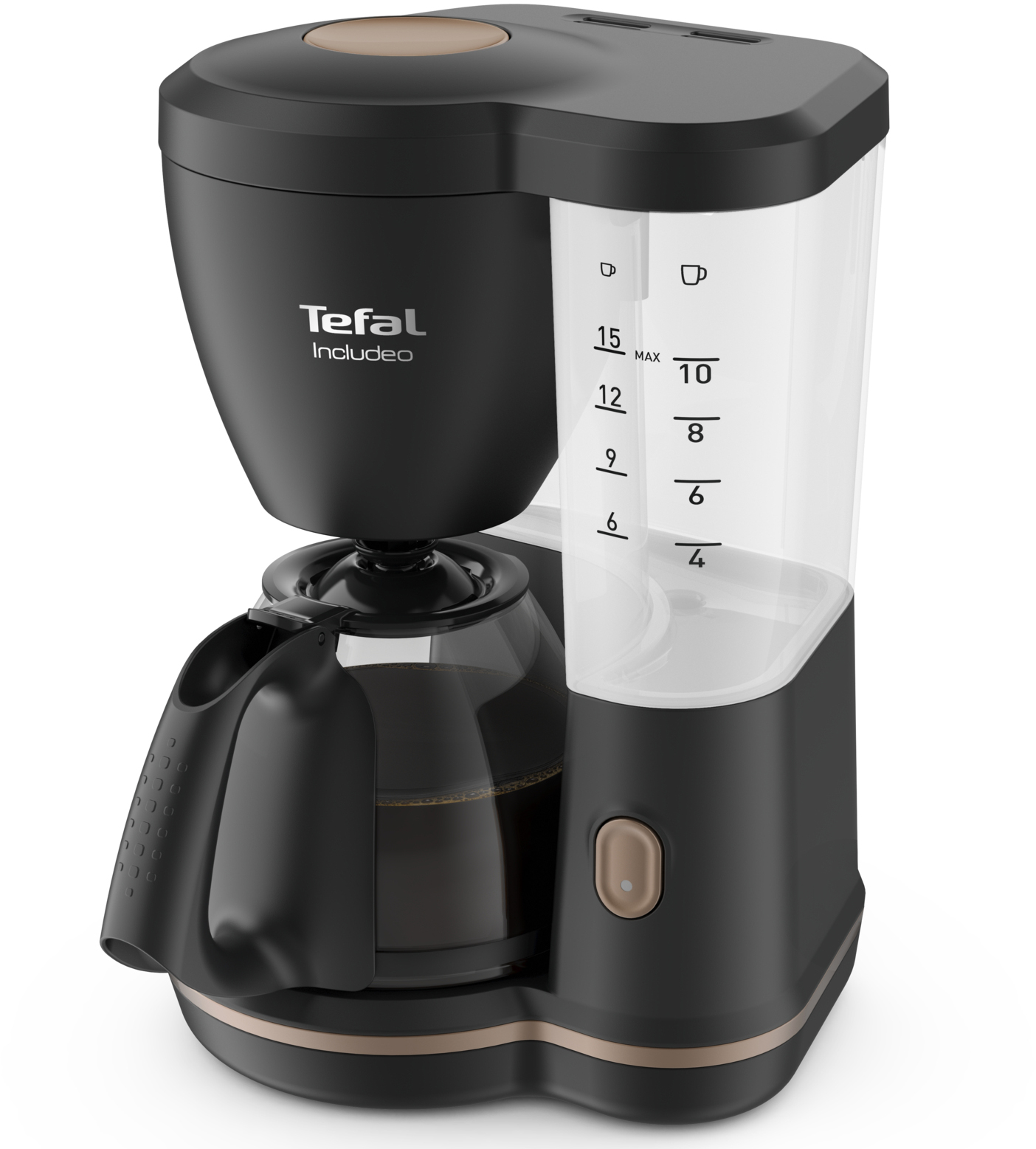 Zwart en bronzen koffiezetapparaat. Het heeft een doorzichtige watertank en een kan.