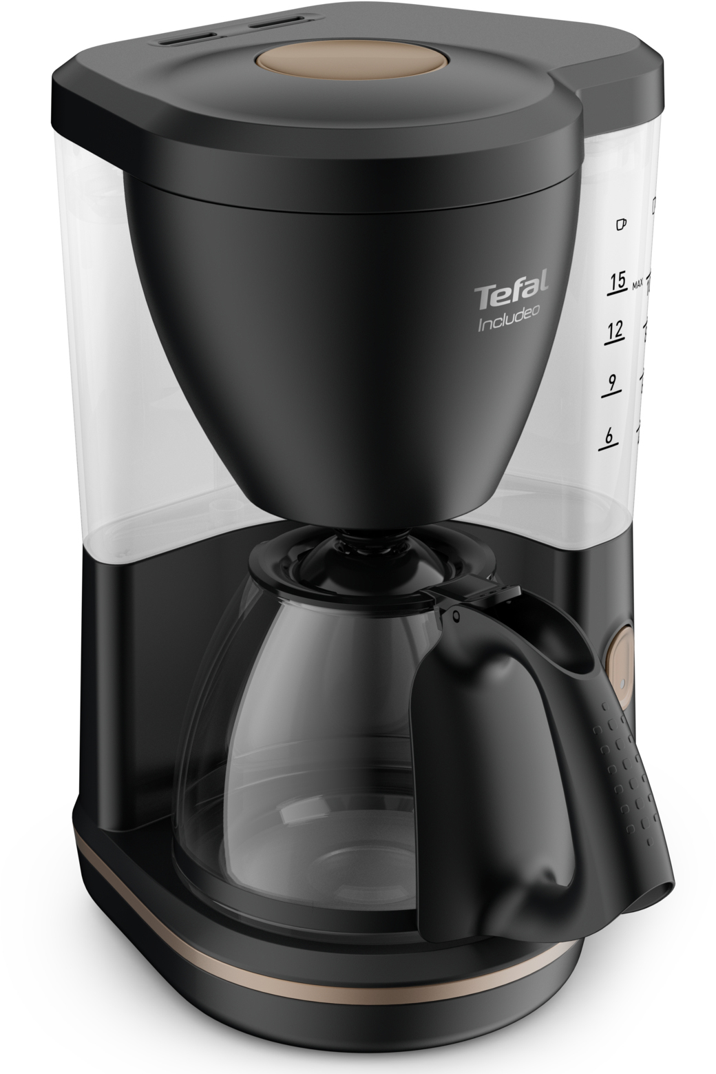 Zwarte en gouden Tefal koffiezetapparaat. Transparant waterreservoir. Kan en handvat zijn zichtbaar. Bovenaanzicht.