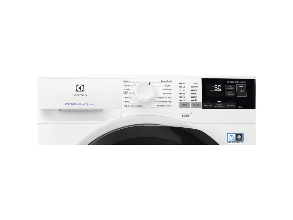 Primer plano del panel de control de una lavadora Electrolux PerfectCare 600 con texto y símbolos.
