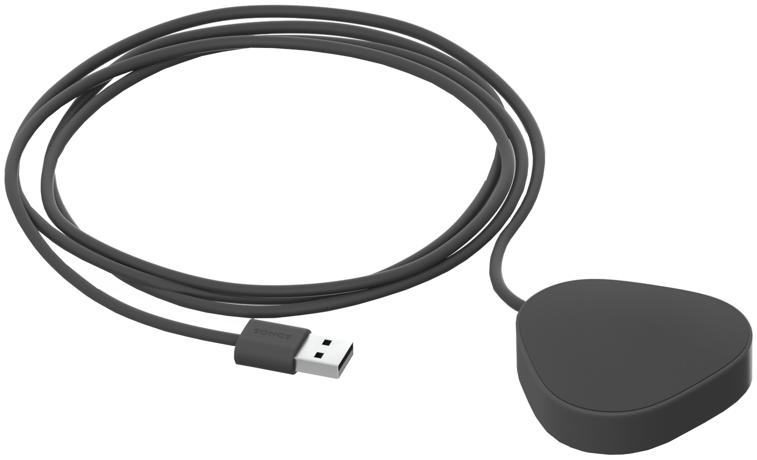 Câble Sonos noir avec USB et un connecteur triangulaire noir. Le fond est blanc.