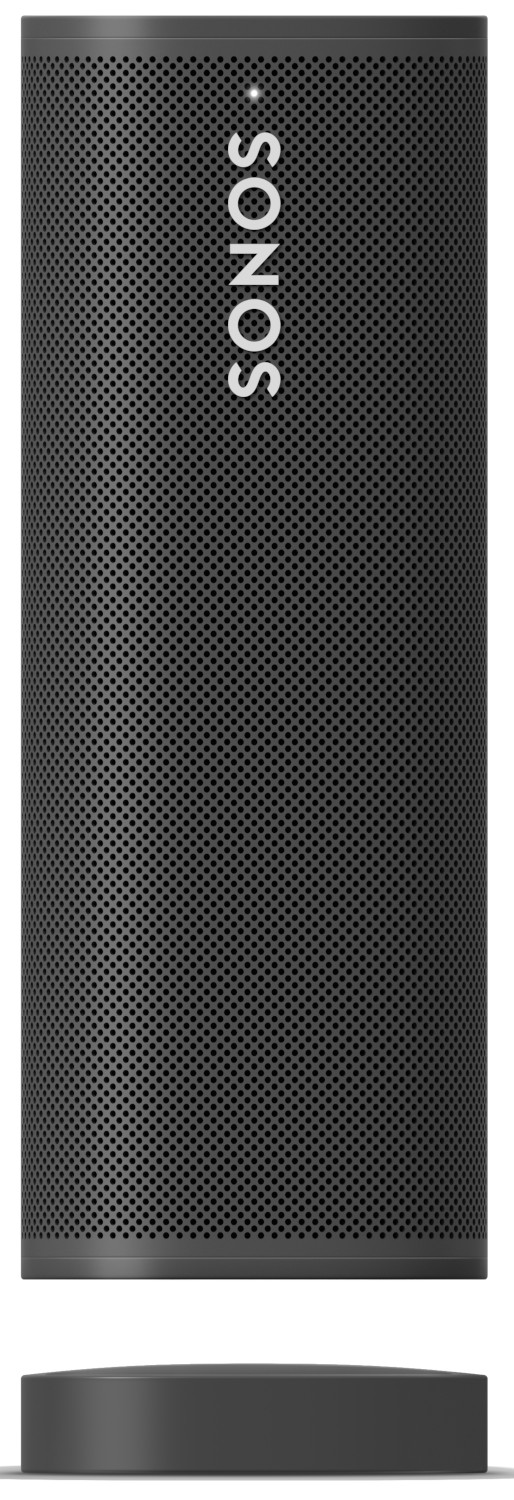 Un haut-parleur cylindrique noir. Il a une surface perforée avec le mot 'SONOS'.